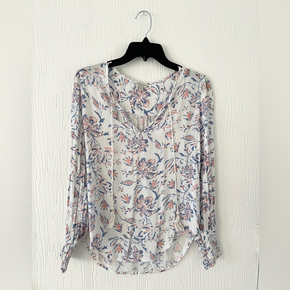 Lucky Brand White Drawstring Blouse With Blue/Pink Floral Pattern Size S